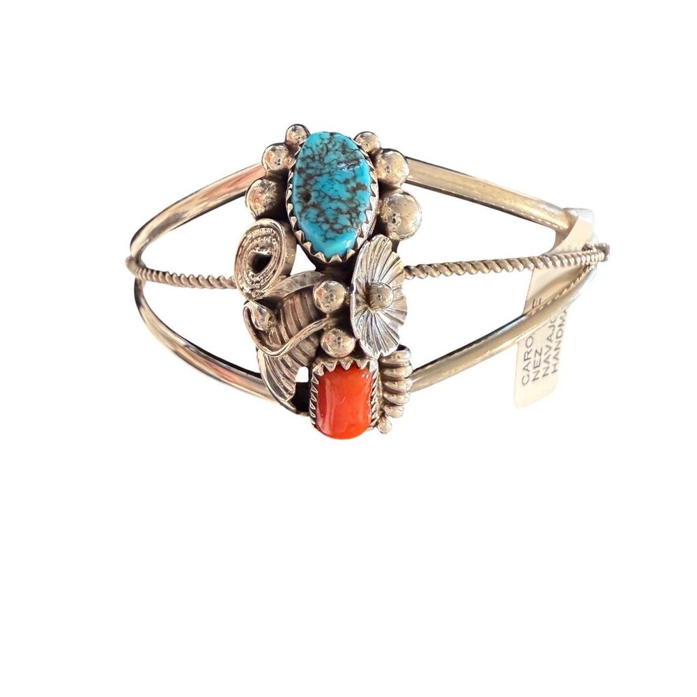 NWT Native American Sterling Silver Turquoise Coral Cuff Statement Bracelet gift